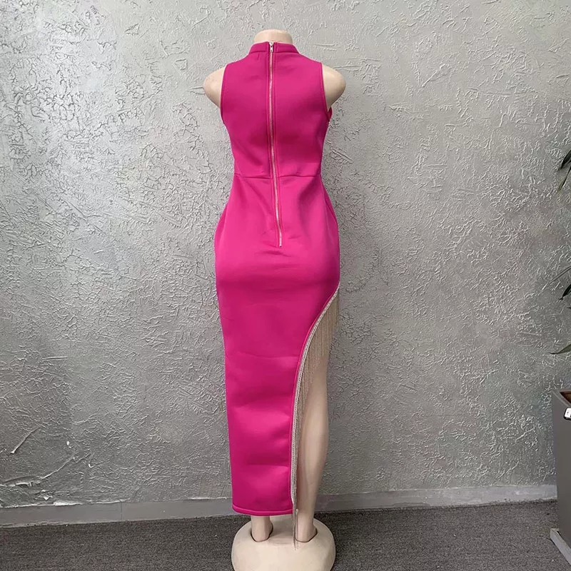 Robe bandage longue élégante à franges et fente brillante pour femme Y407