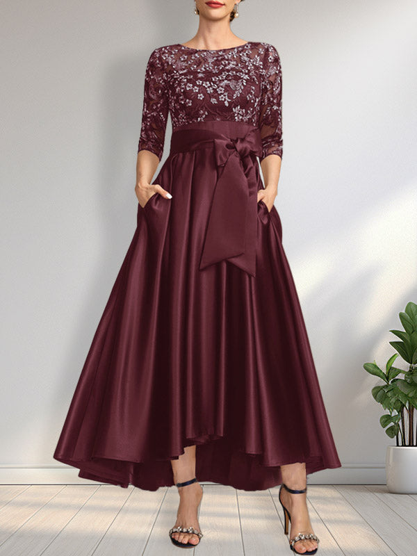 Vestido de madrina de la novia, corte asimétrico, escote ilusión, satén y encaje, con lazo.