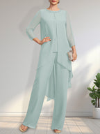 Vestido de dos piezas para la madre de la novia: mono/pantalón de gasa con escote redondo y largo hasta el suelo, adornado con lentejuelas y pedrería.