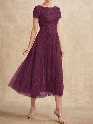 A-line Scoop Tea-Length Tulle Lace Mother of the Bride Dress