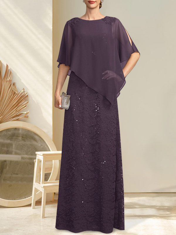 Robe fourreau/colonne longue en mousseline de soie et dentelle, ornée de sequins et de perles, pour la mère de la mariée.