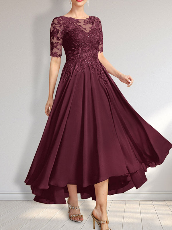 Robe de mère de la mariée asymétrique en mousseline de soie et dentelle, coupe trapèze, décolleté illusion, ornée de sequins 
