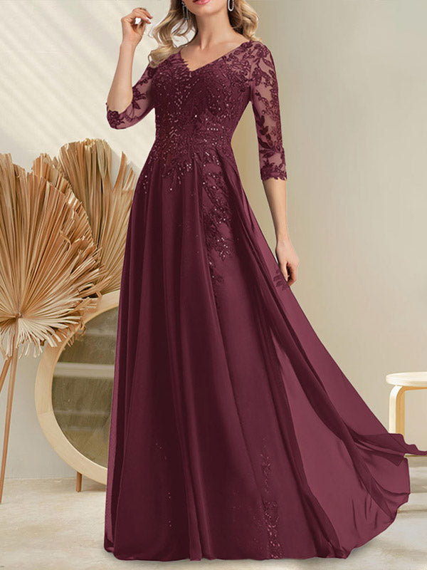 Vestido de novia de corte A, escote en V, largo hasta el suelo, de gasa de encaje con lentejuelas para la madre de la novia