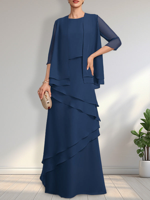 Vestido de gasa de corte recto y escote redondo hasta el suelo para la madre de la novia