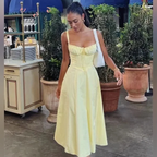 Ravissante robe de bal longue jaune, coupe trapèze, en satin, robe de soirée Y7578