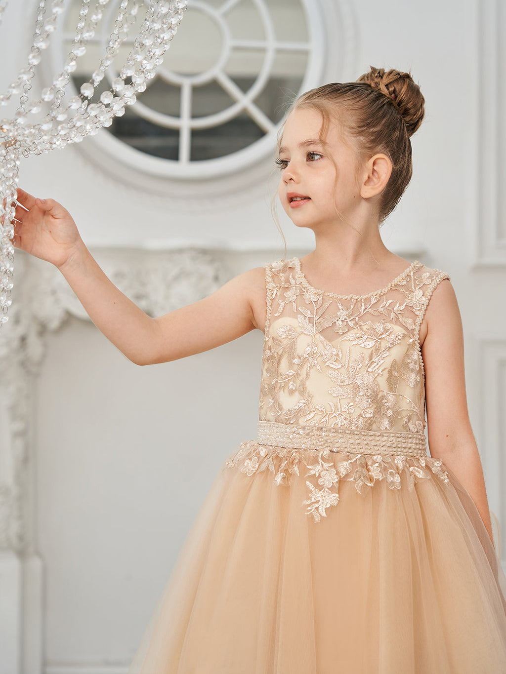 Vestido de princesa/vestido de princesa con cola de tul y vestido de niña de las flores color champán 