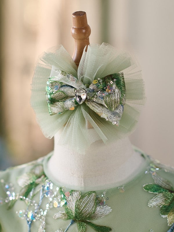 Vestido verde de tul con lentejuelas hasta la rodilla para fiesta del primer cumpleaños de niña 