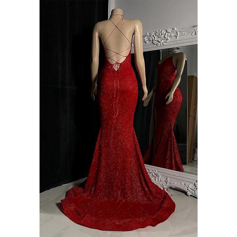 Vestido de fiesta de sirena brillante con tirantes finos y corte negro para chicas
