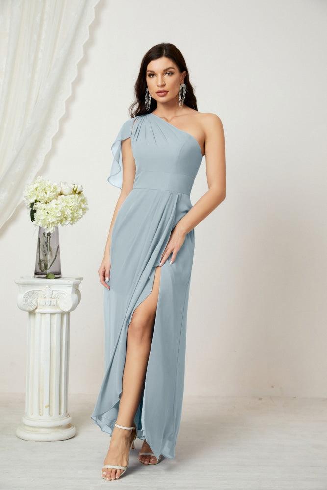 Baoleely  Chiffon Ruffled One Shoulder Long Bridesmaid Dresses A-line Formal Evening Gown Side Split 2809