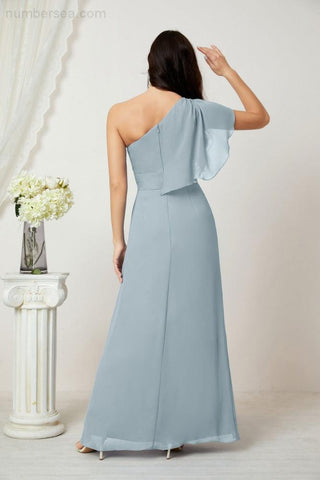 Robe de demoiselle d'honneur longue en mousseline de soie à volants et à une épaule, coupe trapèze, robe de soirée formelle fendue sur le côté, 2809