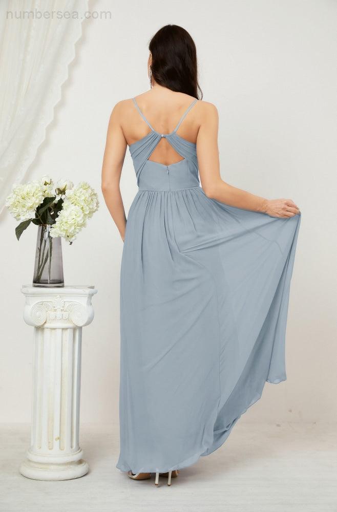 Robe de demoiselle d'honneur en mousseline de soie, longue, coupe trapèze, col en V, pour soirée de mariage, 2801 