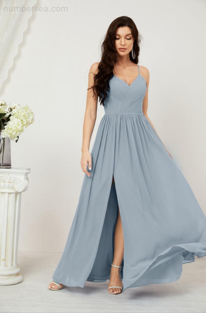 Robe de demoiselle d'honneur en mousseline de soie, longue, coupe trapèze, col en V, pour soirée de mariage, 2801 