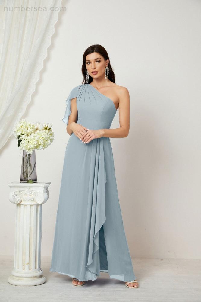 Baoleely  Chiffon Ruffled One Shoulder Long Bridesmaid Dresses A-line Formal Evening Gown Side Split 2809