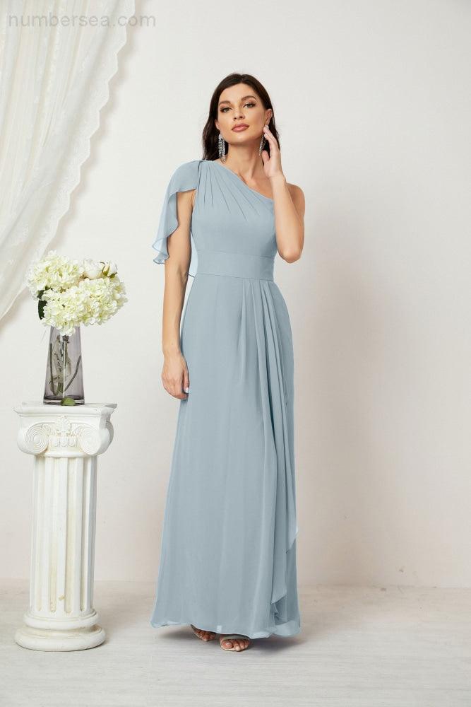 Baoleely  Chiffon Ruffled One Shoulder Long Bridesmaid Dresses A-line Formal Evening Gown Side Split 2809