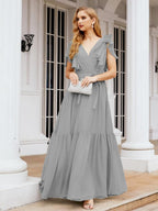 Baoleely Women's Open Back Formal Evening Party Prom Gowns V-Neck Long Chiffon Bridesmaid Dresses with Waist Belt 28038