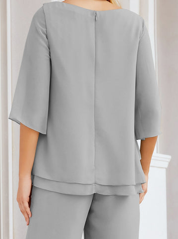 Elegante conjunto de pantalón y bata plateada de dos piezas para la madre de la novia, talla grande, con volantes, Sunderly Elegant SY28064