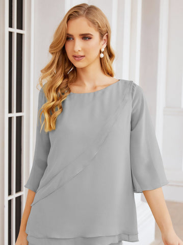 Elegante conjunto de pantalón y bata plateada de dos piezas para la madre de la novia, talla grande, con volantes, Sunderly Elegant SY28064