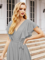 Baoleely Women's Open Back Formal Evening Party Prom Gowns V-Neck Long Chiffon Bridesmaid Dresses with Waist Belt 28038
