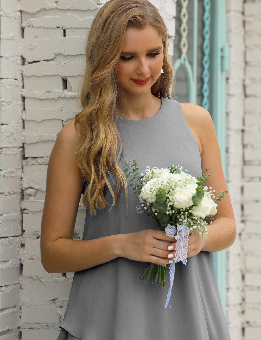 Silver Color Size 6 Crew Neck Mother of Bride Dresses Double Ruffled PromDress SEA28019