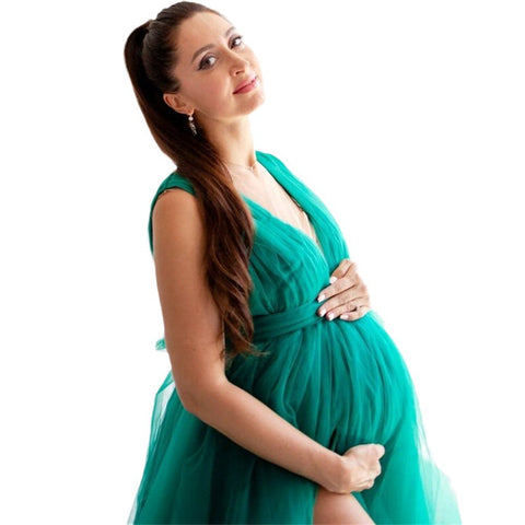 Vestido de maternidad con escote en V y abertura alta para barriga grande, vestido de tul, vestido largo de noche de malla drapeada para embarazadas