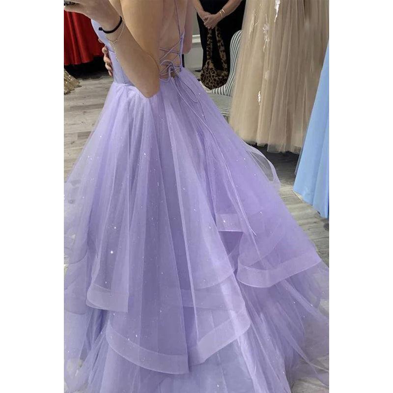 Robe de bal longue trapèze en tulle scintillant à bretelles spaghetti et col en V