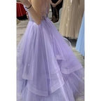 Robe de bal longue trapèze en tulle scintillant à bretelles spaghetti et col en V