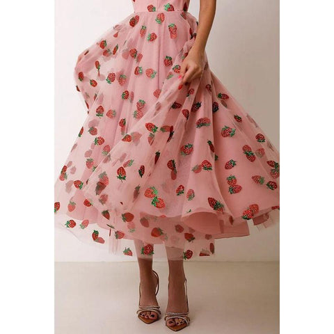 Sweetheart Strawberry Print Tulle A-Line Long Prom Evening Formal Dress