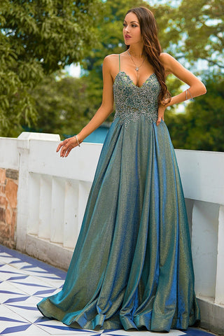Grey Glitter Spaghetti Straps Long Prom Dress