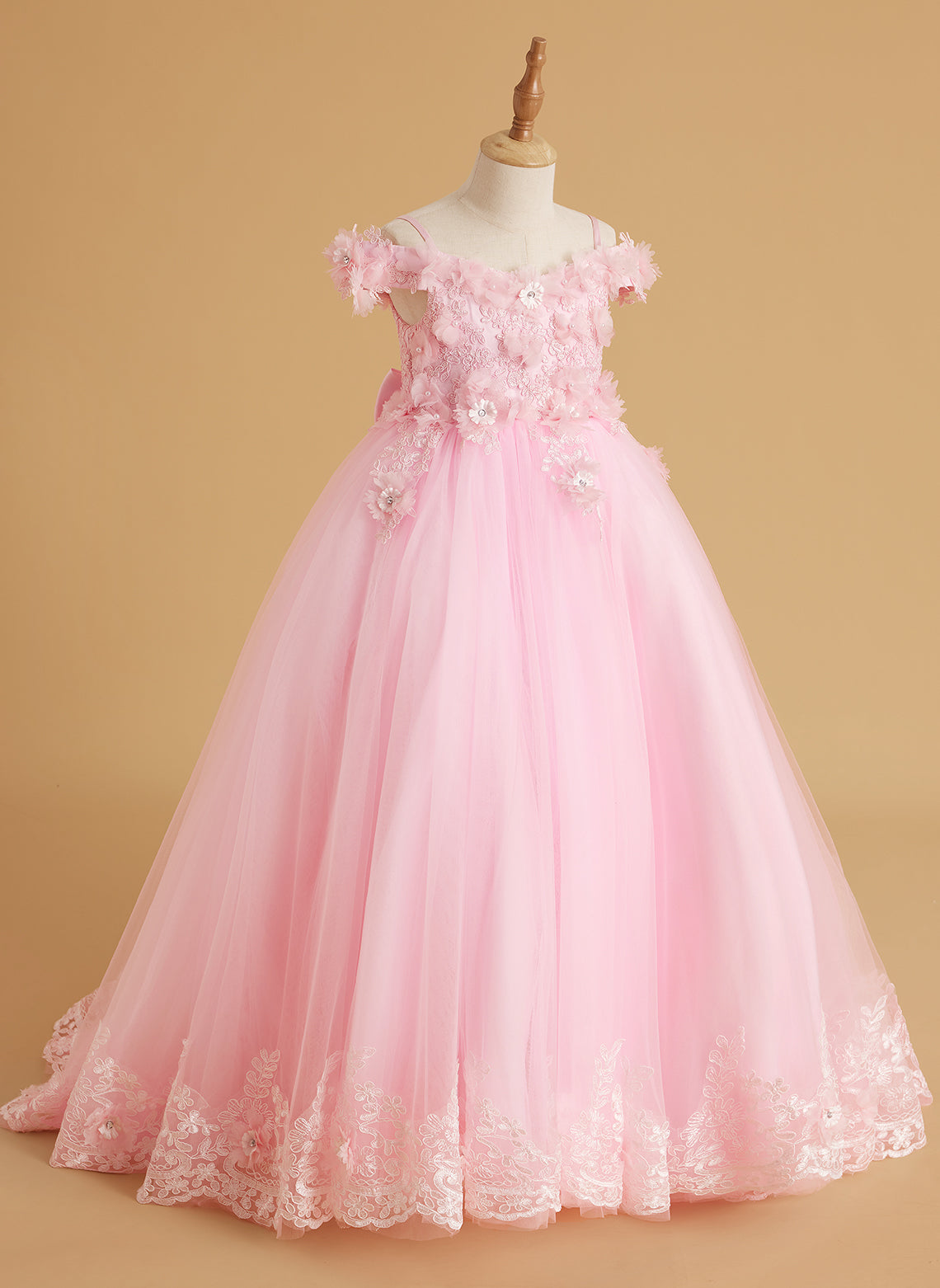 Vestido de gala/princesa rosa con cola de encaje para cumpleaños 