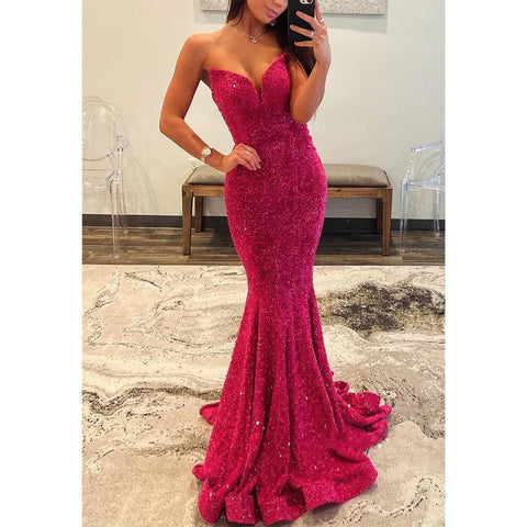 Robe de soirée sexy à paillettes, décolleté en V, sans bretelles, style trompette 