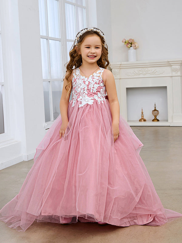 Vestido de niña de las flores de tul sin mangas con encaje y lazo rosa (010224320) 