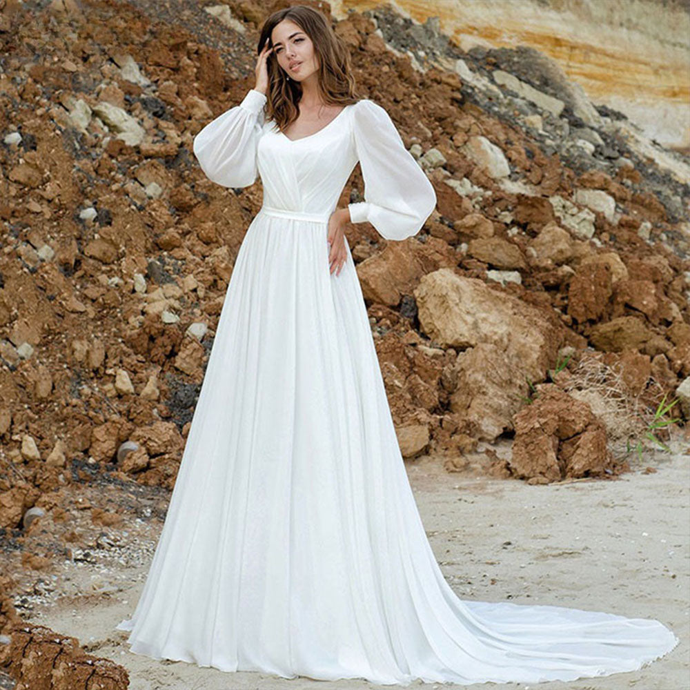Puff Sleeve Wedding Dresses Women Vestido De Novia Long Chiffon Elegant V-Neck A-Line Backless Bridal Gown Robe Mariée