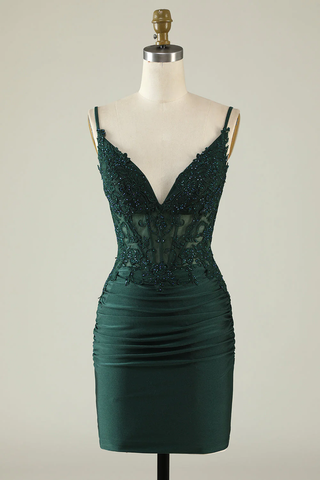 Tight V-Neck Dark Green Pleated Homecoming Dress with Appliques Y2660