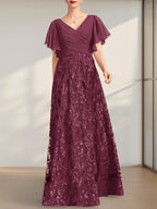 Vestido de novia de corte A, escote en V, largo hasta el suelo, de encaje, lentejuelas y gasa, con pliegues.