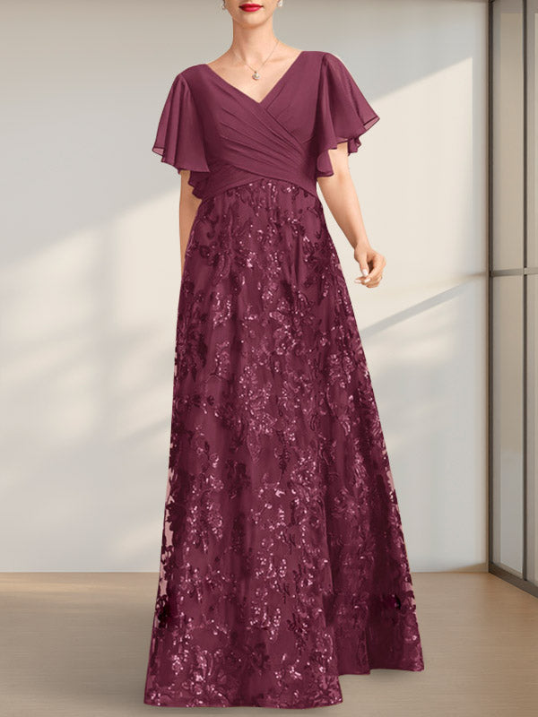 Vestido de novia de corte A, escote en V, largo hasta el suelo, de encaje, lentejuelas y gasa, con pliegues.