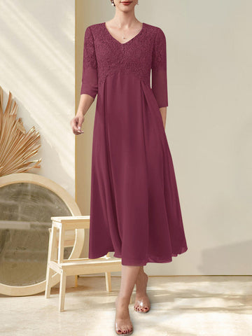 A-line V-Neck Tea-Length Chiffon Lace Mother of the Bride Dress With Beading