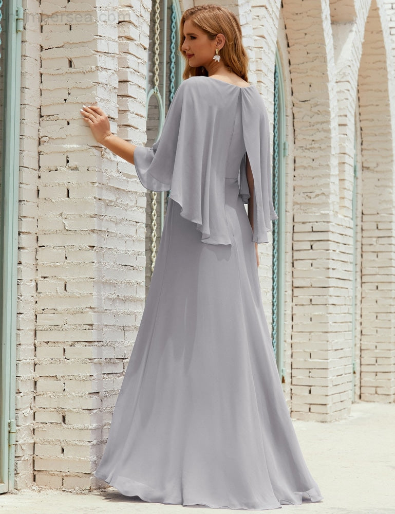 Vestido de dama de honor Sunderly para mujer, manga larga, cuello en V, de gasa, vestido formal de fiesta de boda SY28018