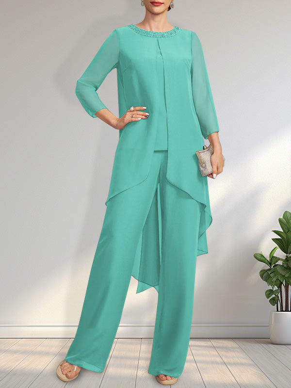Vestido de dos piezas para la madre de la novia: mono/pantalón de gasa con escote redondo y largo hasta el suelo, adornado con lentejuelas y pedrería.