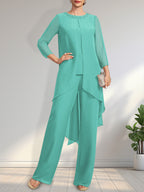 Vestido de dos piezas para la madre de la novia: mono/pantalón de gasa con escote redondo y largo hasta el suelo, adornado con lentejuelas y pedrería.