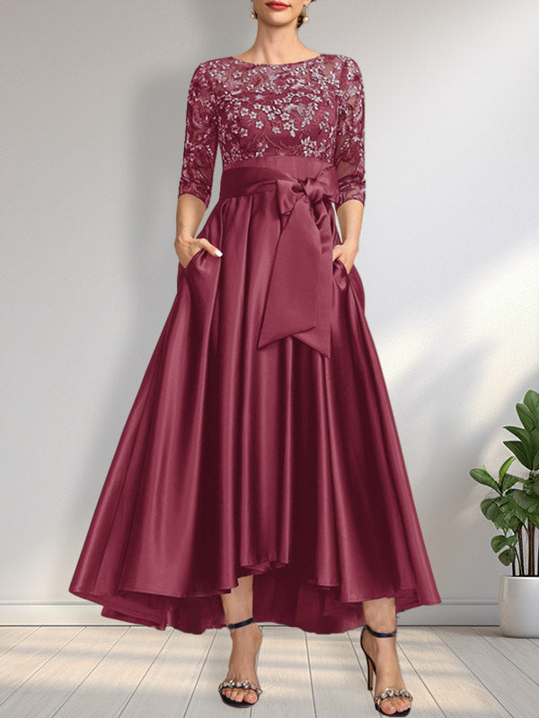 Vestido de madrina de la novia, corte asimétrico, escote ilusión, satén y encaje, con lazo.