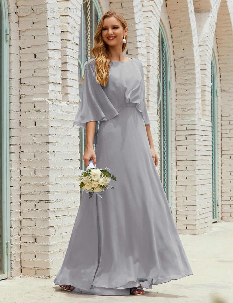 Vestido de dama de honor Sunderly para mujer, manga larga, cuello en V, de gasa, vestido formal de fiesta de boda SY28018