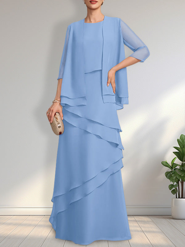 Vestido de gasa de corte recto y escote redondo hasta el suelo para la madre de la novia
