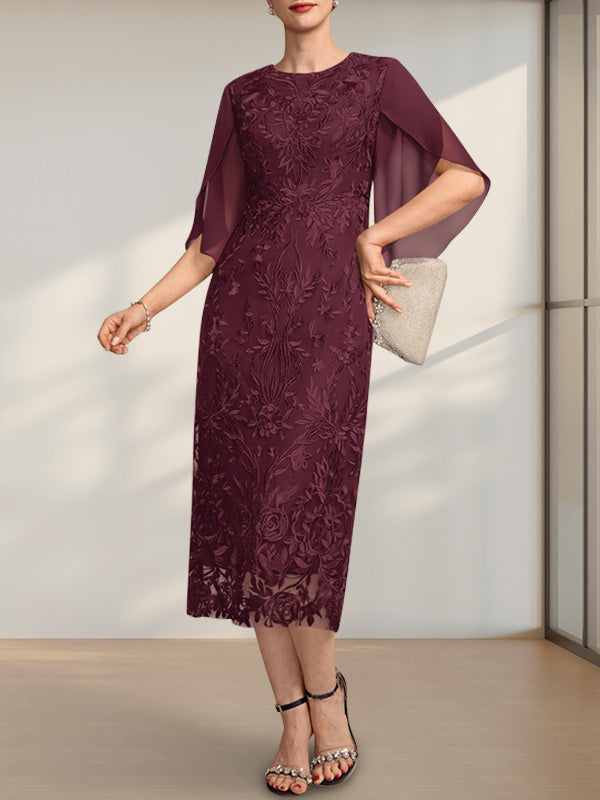 Vestido de novia de gasa de encaje, corte recto/columna, largo hasta la rodilla, con escote redondo.