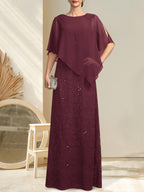 Robe fourreau/colonne longue en mousseline de soie et dentelle, ornée de sequins et de perles, pour la mère de la mariée.