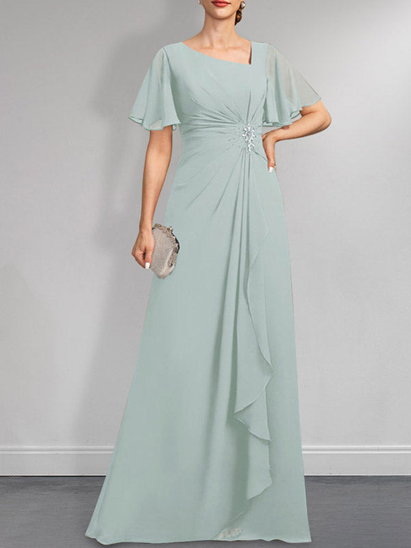 Vestido de corte A asimétrico hasta el suelo para la madre de la novia, de gasa, con lentejuelas y plisados.