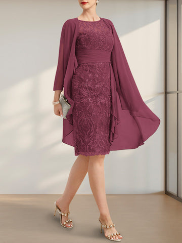 Robe de mère de la mariée en mousseline de dentelle, coupe fourreau/colonne, longueur genou, effet illusion, volants cascade et sequins