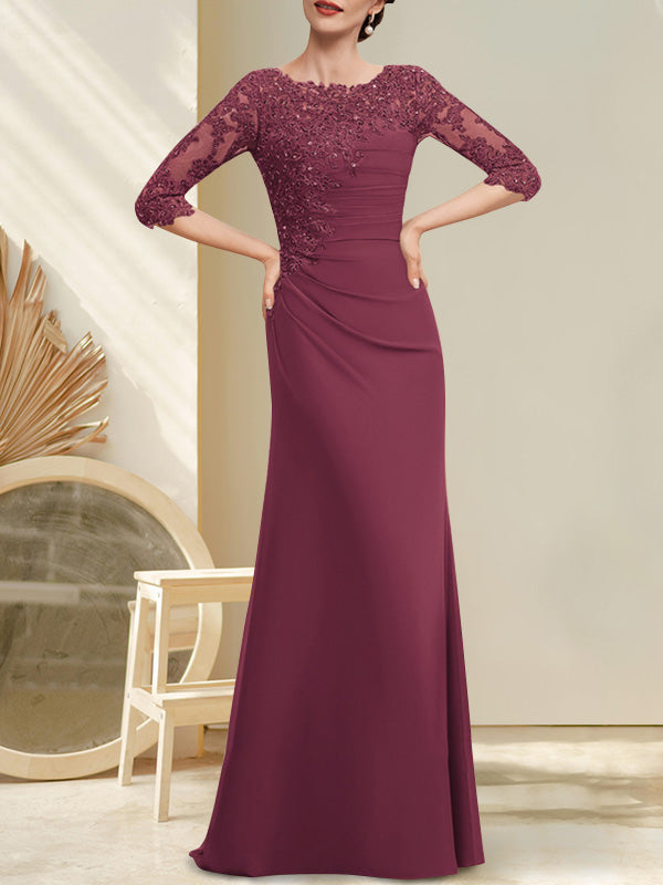 Vestido de corte A, escote redondo, largo hasta el suelo, de gasa, encaje, con cuentas, lentejuelas plisadas, para la madre de la novia.