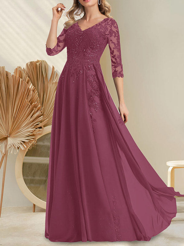 Vestido de novia de corte A, escote en V, largo hasta el suelo, de gasa de encaje con lentejuelas para la madre de la novia