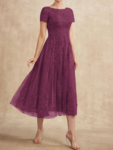 A-line Scoop Tea-Length Tulle Lace Mother of the Bride Dress