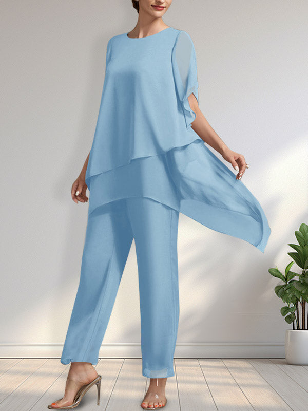 Vestido de gasa de dos piezas para la madre de la novia: mono/traje pantalón con escote redondo y largo hasta el tobillo.